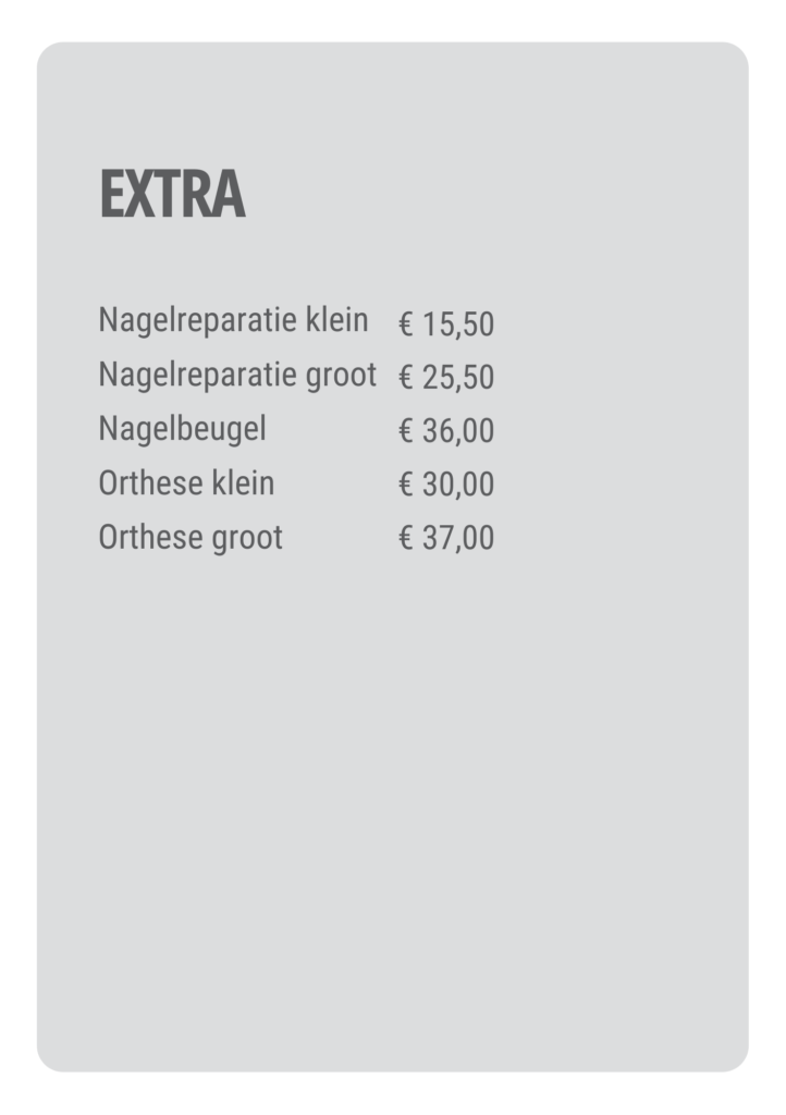 Prijslijst extra 2026 Voet en Ontspan Vlissingen pedicure en massage